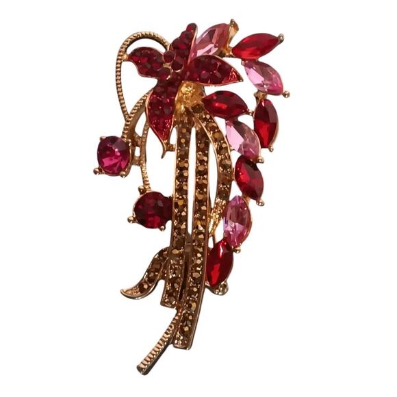 Napier Gold Tone Brooch Pin Ruby Red Pink Cascading Rhinestone - Picture 10 of 11